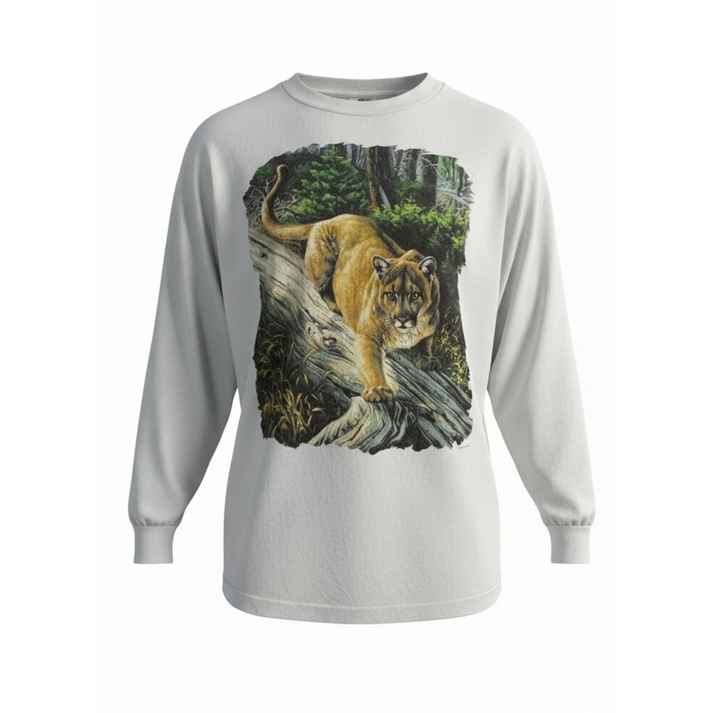 Vintage 90s Human-i-Tees Long Sleeve Shirt Kids Youth L Wildlife Mountain Lion